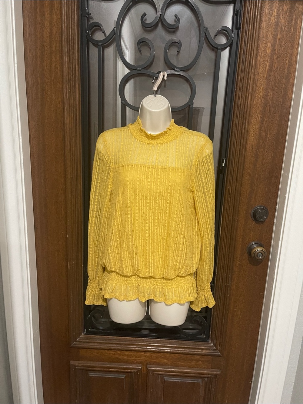 Adrianna Papell Mustard Yellow Ruffle-Neck Long Sleeve Blouse size Small